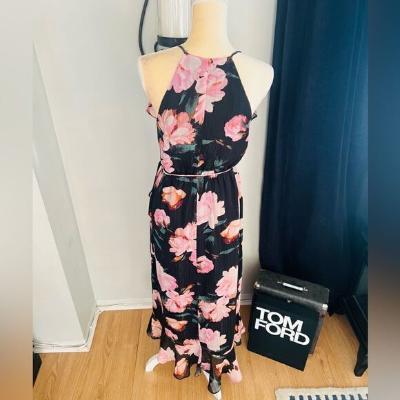 Jennifer Lopez Faux Wrap Ruffle Maxi Dress, Black/Pink, Size 2, Summer Wedding - Picture 4 of 9